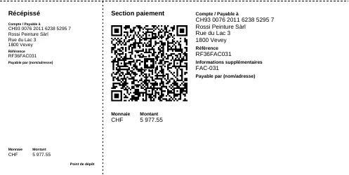 Sección de pago de la factura FAC-031, bajo la línea de corte: recibo y sección de pago QR suiza con el IBAN, la referencia, el código QR y el importe de 5'977.55 CHF.