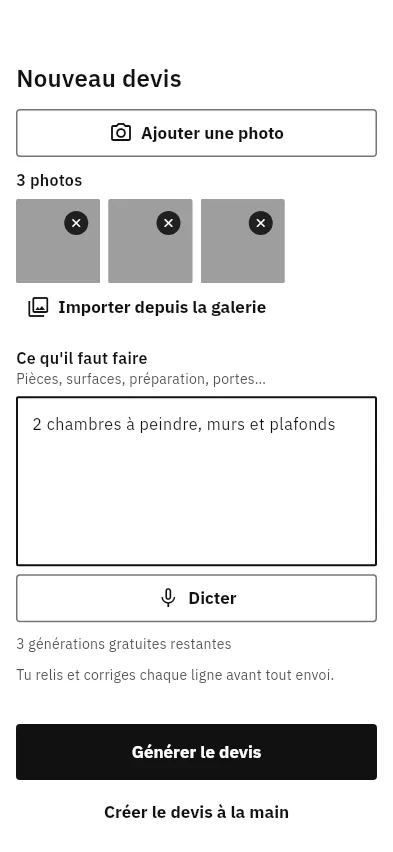 Pantalla «Nouveau devis» (nuevo presupuesto) de la app en francés: tres fotos añadidas, el texto dictado «2 chambres à peindre, murs et plafonds» (2 habitaciones por pintar, paredes y techos), botones «Dicter» (dictar) y «Générer le devis» (generar el presupuesto).