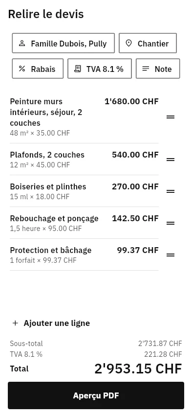 Pantalla Revisar el presupuesto (app en francés): partidas con cantidades y precios, subtotal, IVA 8.1 % y total 2'953.15 CHF.
