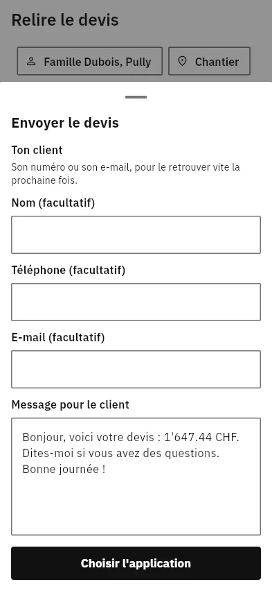 Hoja Enviar el presupuesto (app en francés): datos del cliente opcionales, mensaje listo para enviar, botón Elegir la aplicación.